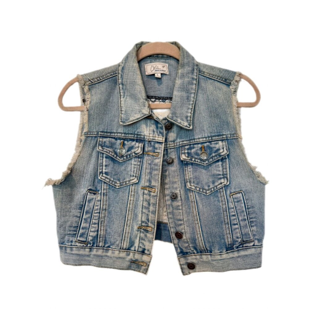 CHIQLE Mini Denim Vest with Lace Floral Back